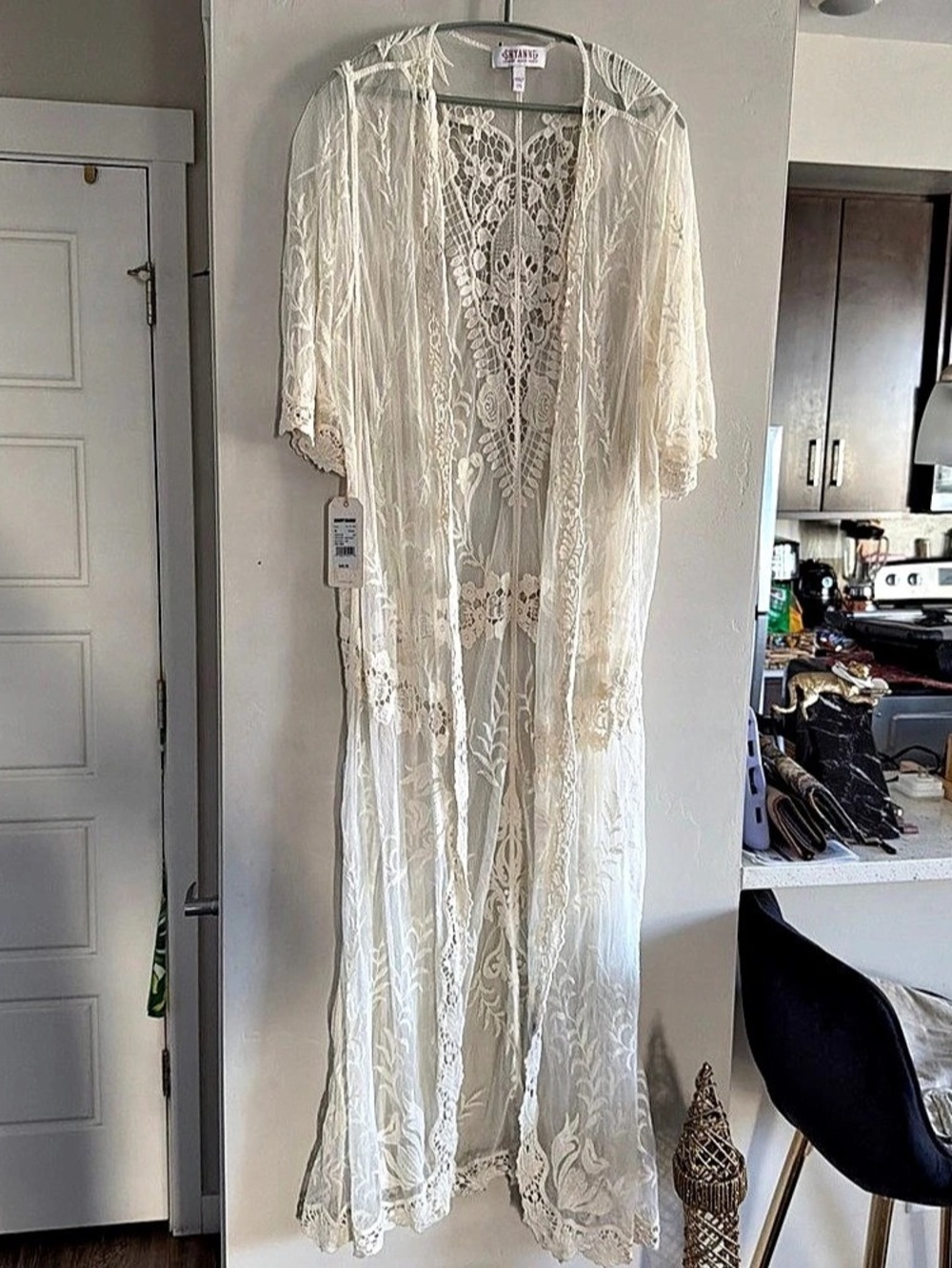 Shyanne Women's Tie-Front Embroidered Mesh Kimono Cream